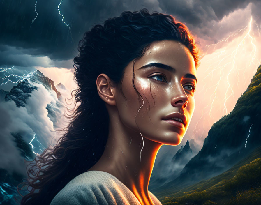 Dark Curly-Haired Woman Portrait with Stormy Background