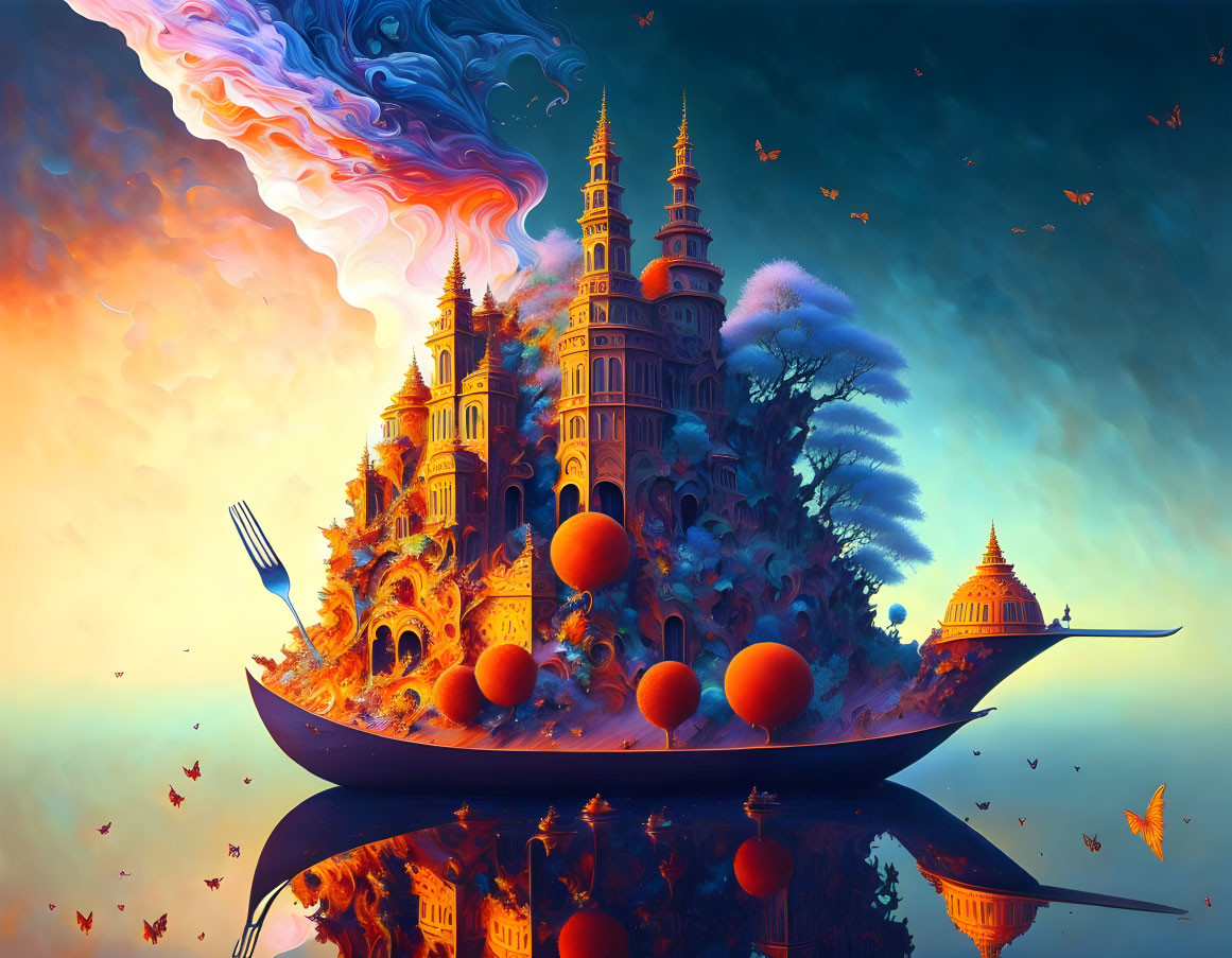 Colorful surreal landscape with floating island castle on spoon