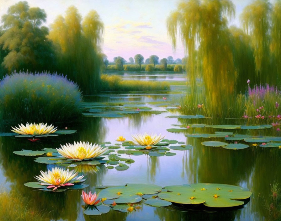 Tranquil pond with blooming water lilies and lush greenery at dusk