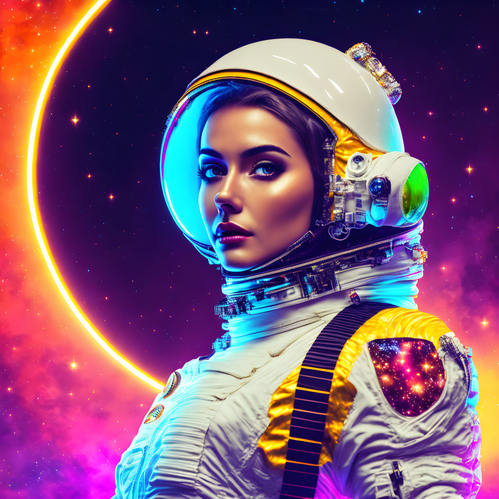 Female astronaut in reflective visor and spacesuit amid vibrant cosmic backdrop.