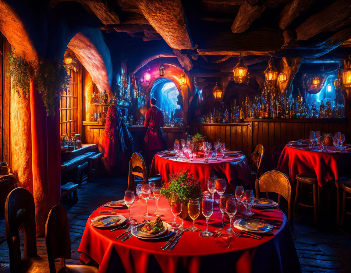 Warmly Lit Tavern with Set Tables and Mysterious Cloaked Figure