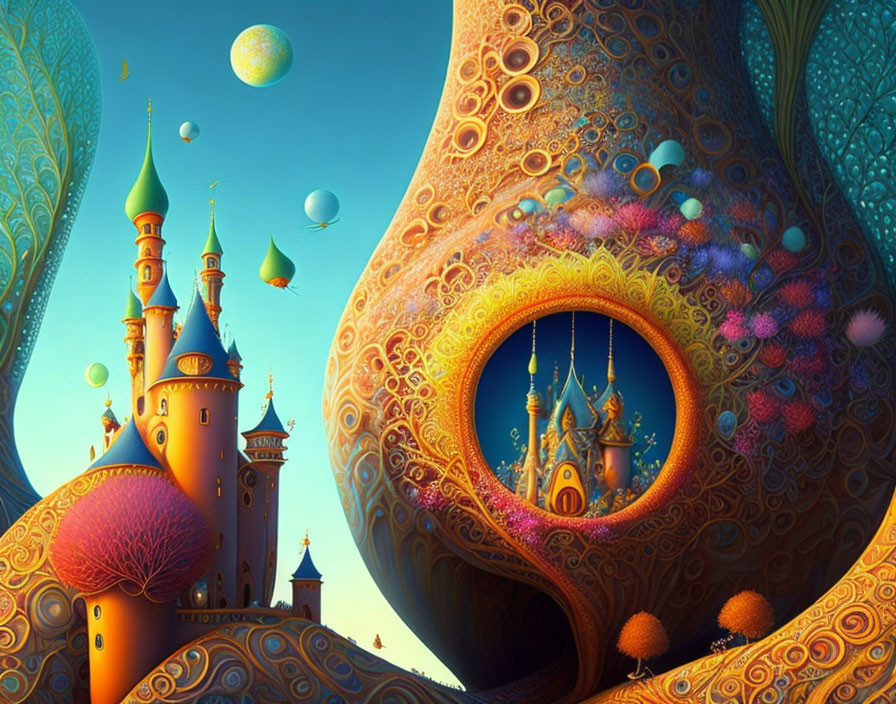 Fantastical landscape with whimsical castles and colorful orbs.