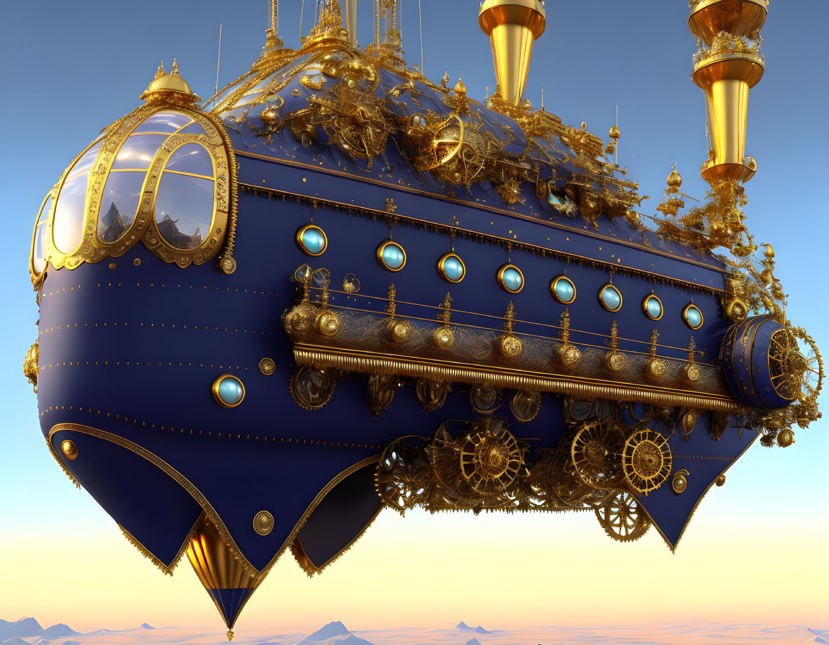 Steampunk airship with golden details in sunset sky