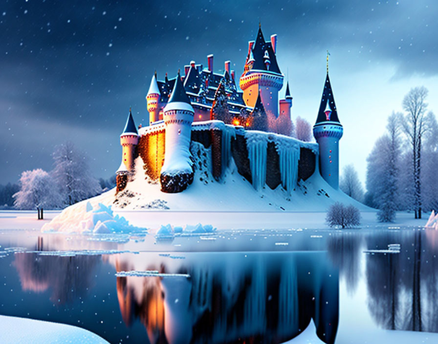 Majestic illuminated castle with spires in wintry night scene