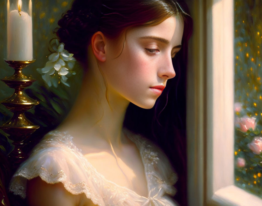 Young woman portrait by window with candle, sunlight, and flowers.