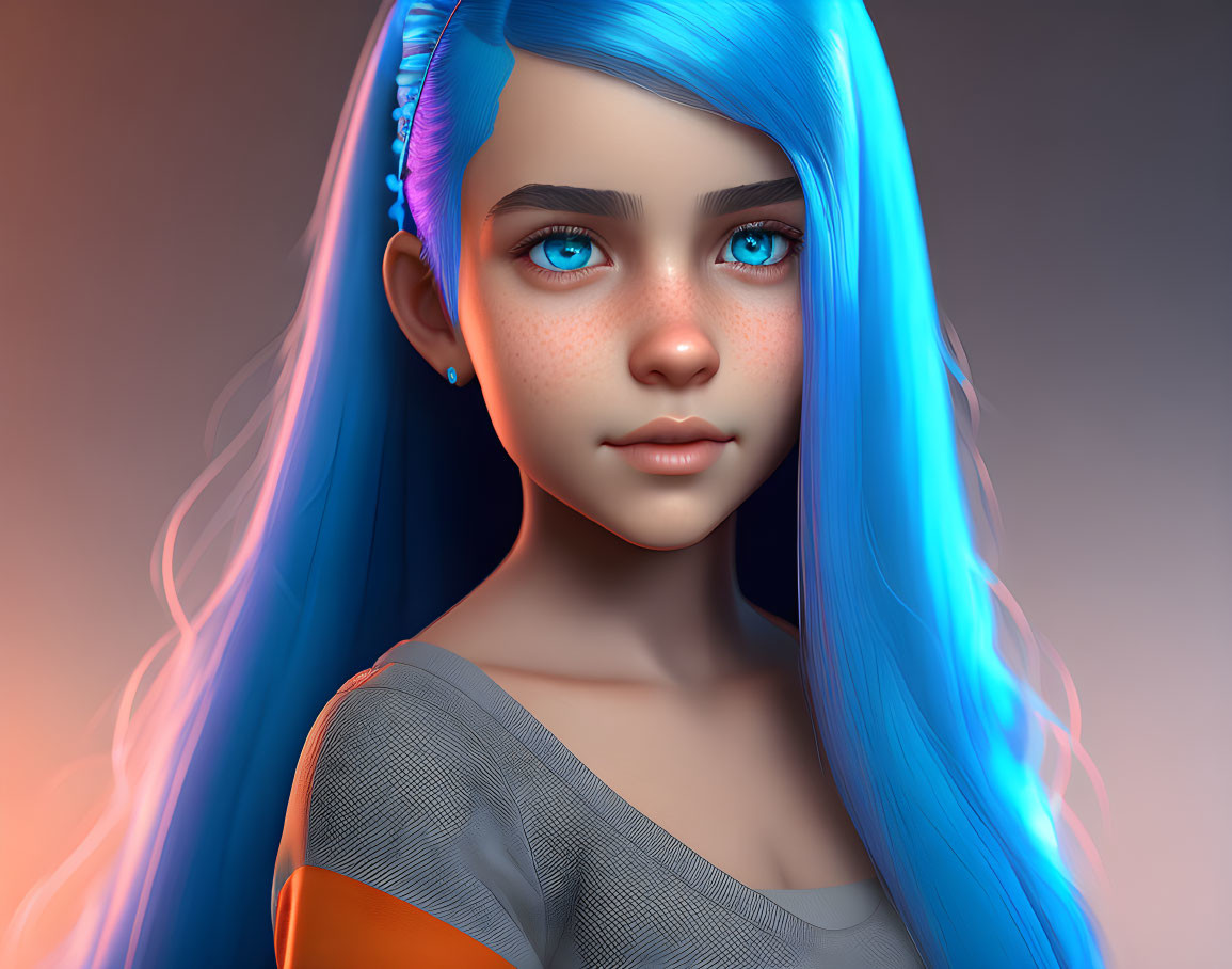 Digital Artwork: Girl with Bright Blue Hair and Striking Blue Eyes