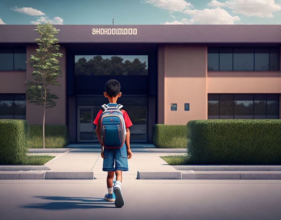 Young boy with backpack walking to modern school building