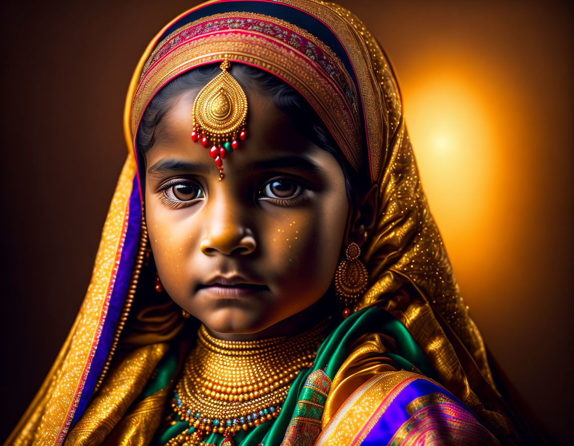 Traditional Indian attire on young girl with intricate jewelry and headpiece.