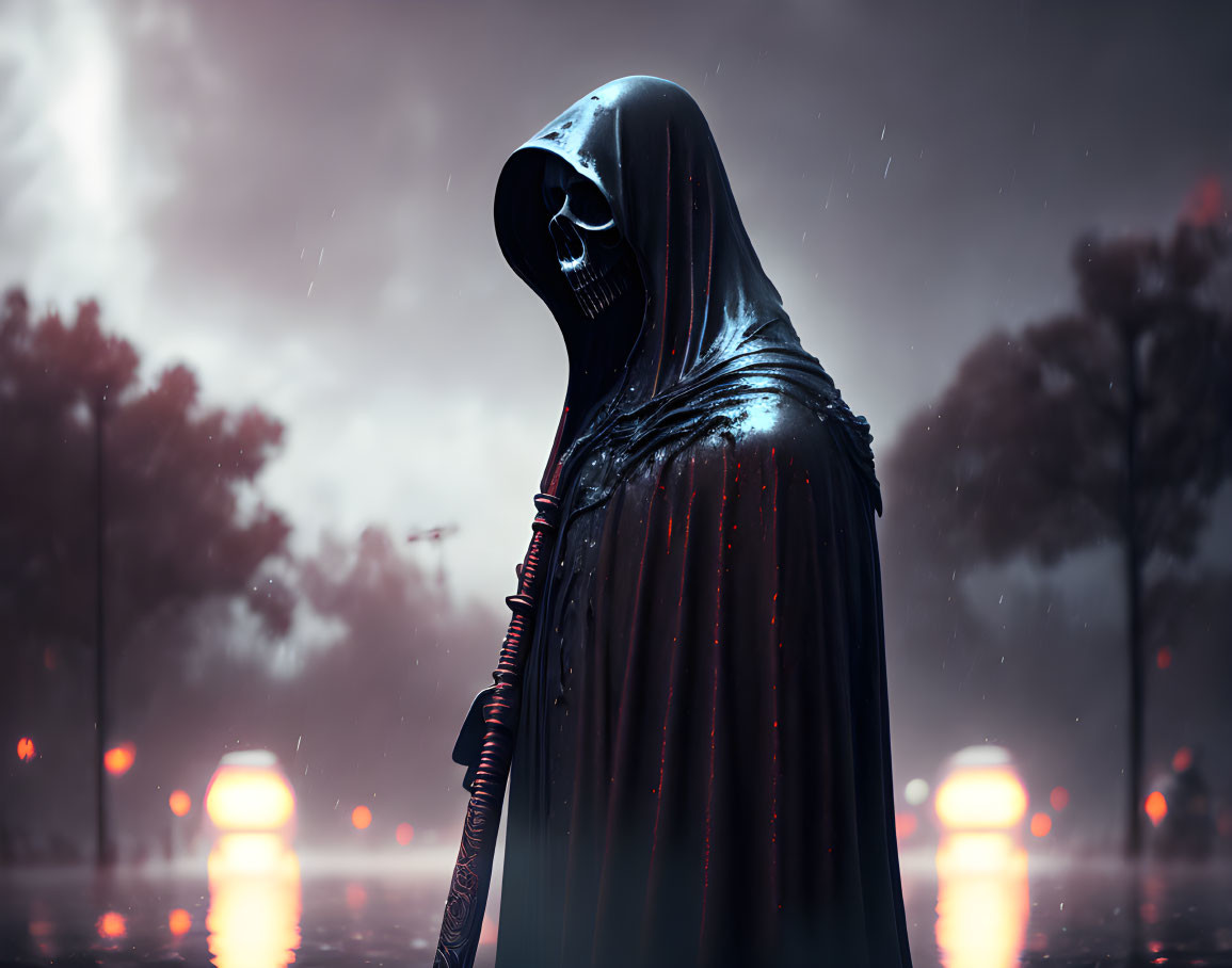 Cloaked figure with glowing mask in dark, rainy setting