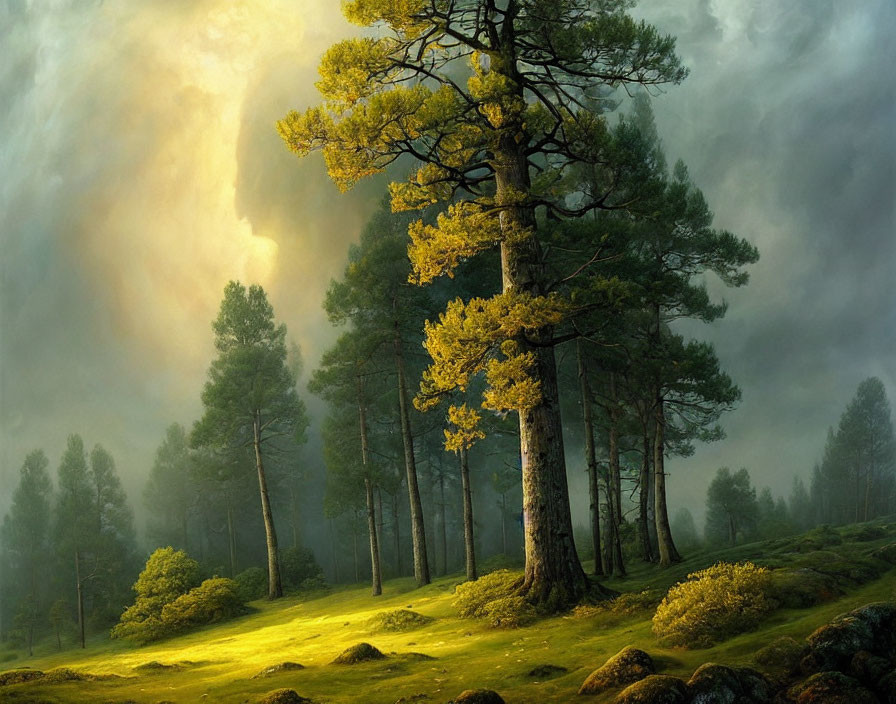 Sunlit Forest Clearing with Pine Trees and Yellow Leaves Under Cloudy Sky