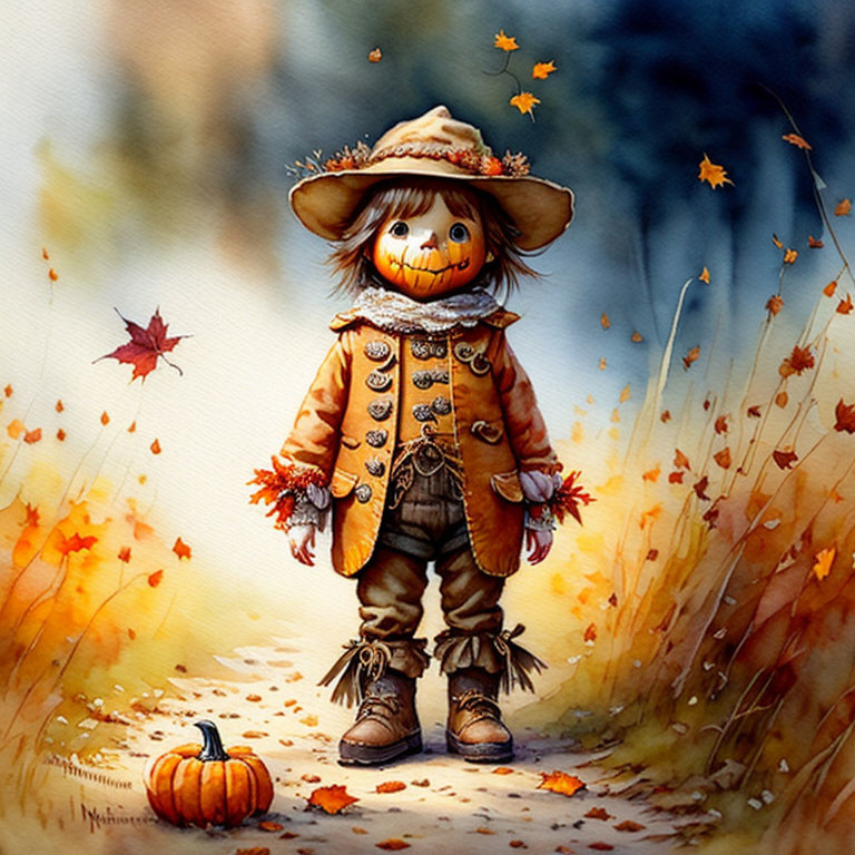 Cute scarecrow with pumpkin head in autumn setting