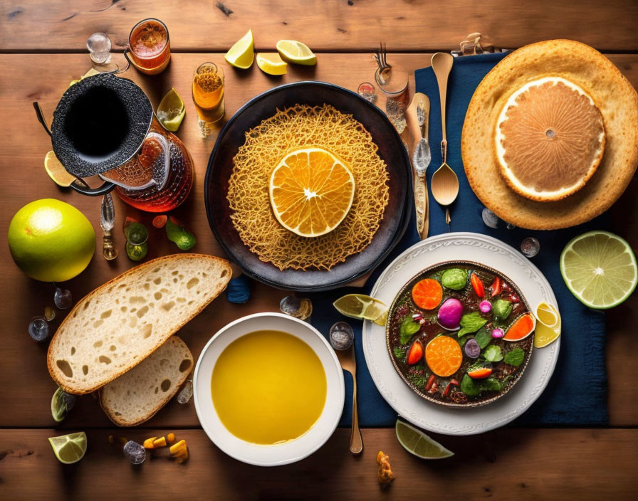 Colorful Food Spread with Salad, Bread, Crepe, Citrus Fruits, Spices,