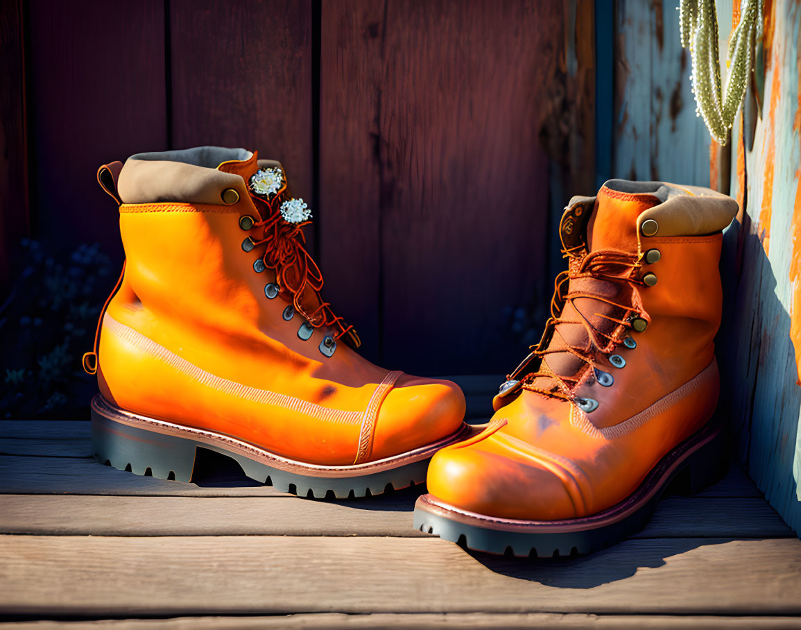 Orange Hiking Boots with Thick Soles on Wooden Surface