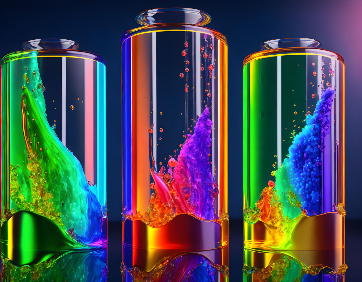 Colorful liquid splashes in transparent cylinders on dark background.