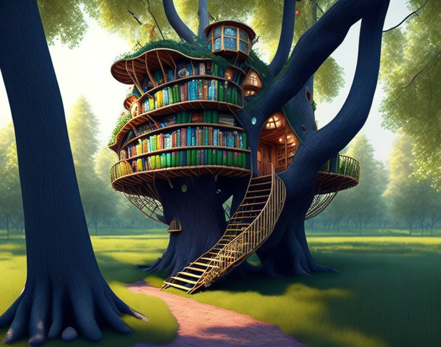 Illustrated magical treehouse with balconies and staircase in vibrant forest