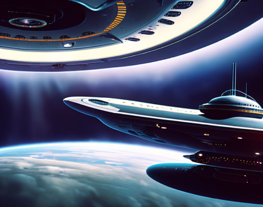 Futuristic spacecraft hovering above planet with sleek design