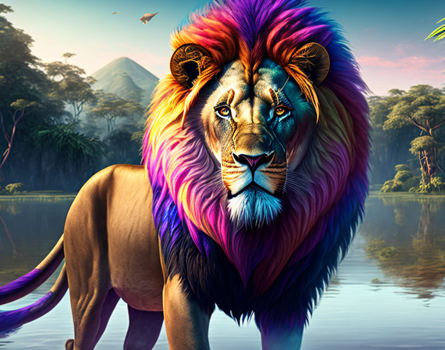 Multicolored maned lion in serene landscape with butterfly