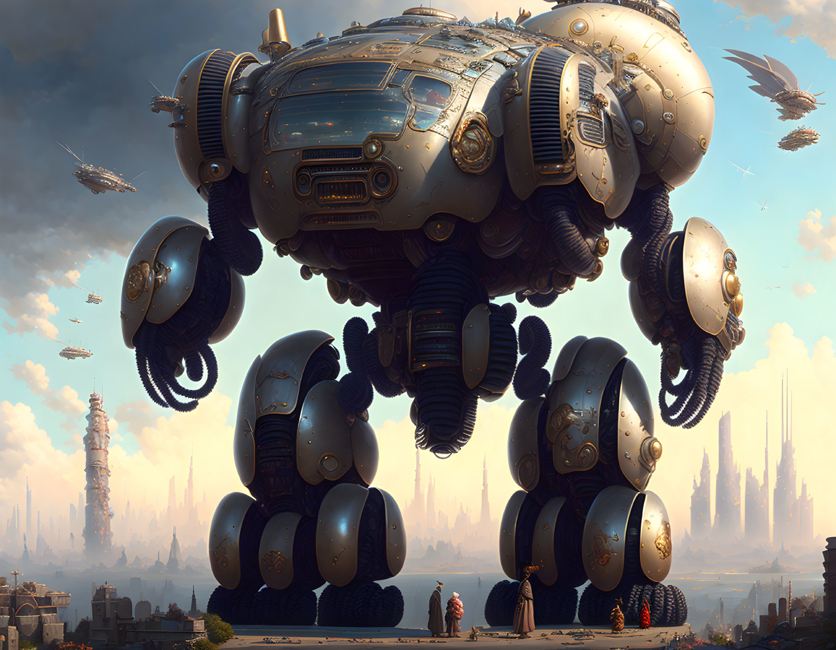 Gigantic futuristic robot hovering above cityscape with jointed legs