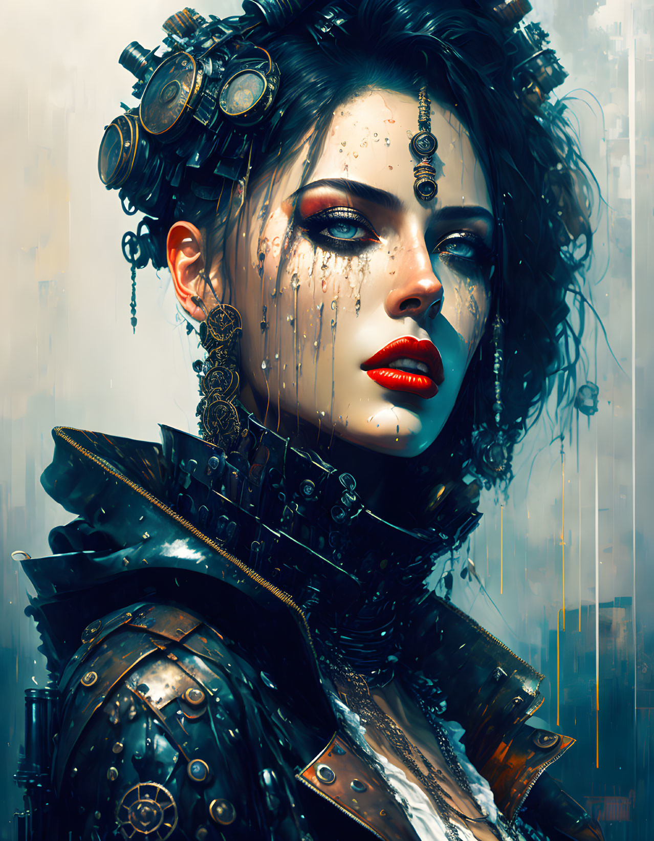 Futuristic woman with metallic gear and red lips in rainy setting