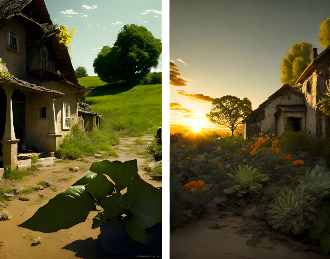 Split image of old house in two settings: daytime with greenery and sunset with warm lighting