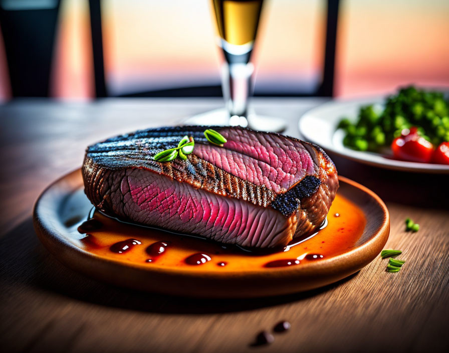 Medium-rare steak with garnish, wine, and veggies on wooden plate at sunset.