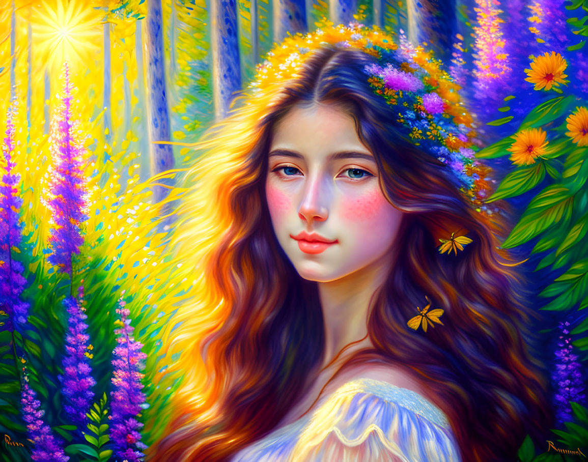 Vibrant painting of young woman with long hair among flowers and butterflies