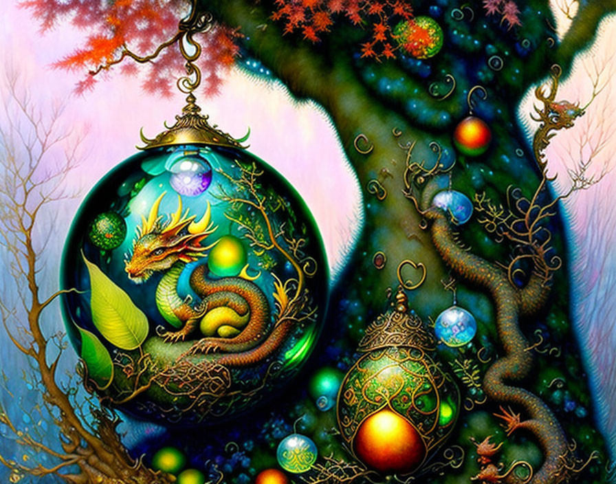 Fantastical painting: Dragon in orb, colorful trees & ornate orbs in enchanted forest