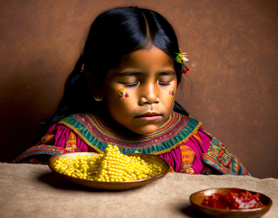 Young girl in traditional attire sitting by corn and salsa bowls in warm lighting