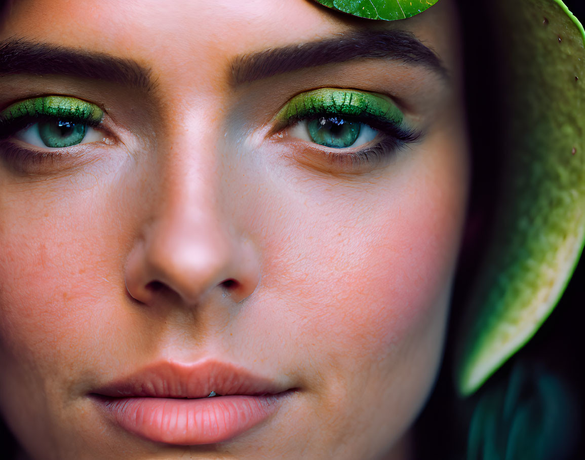 Detailed portrait of person with green eye makeup, lip piercing, and leaf accessory.