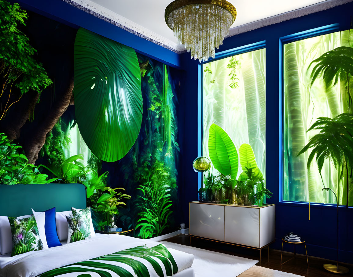 Lush Green Jungle-Themed Bedroom with Blue Accents