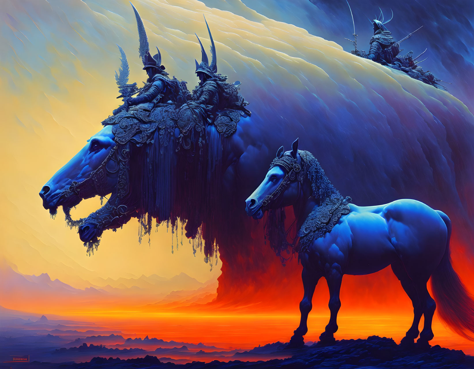 Armored horses with headdresses in fantasy artwork against orange and blue sky