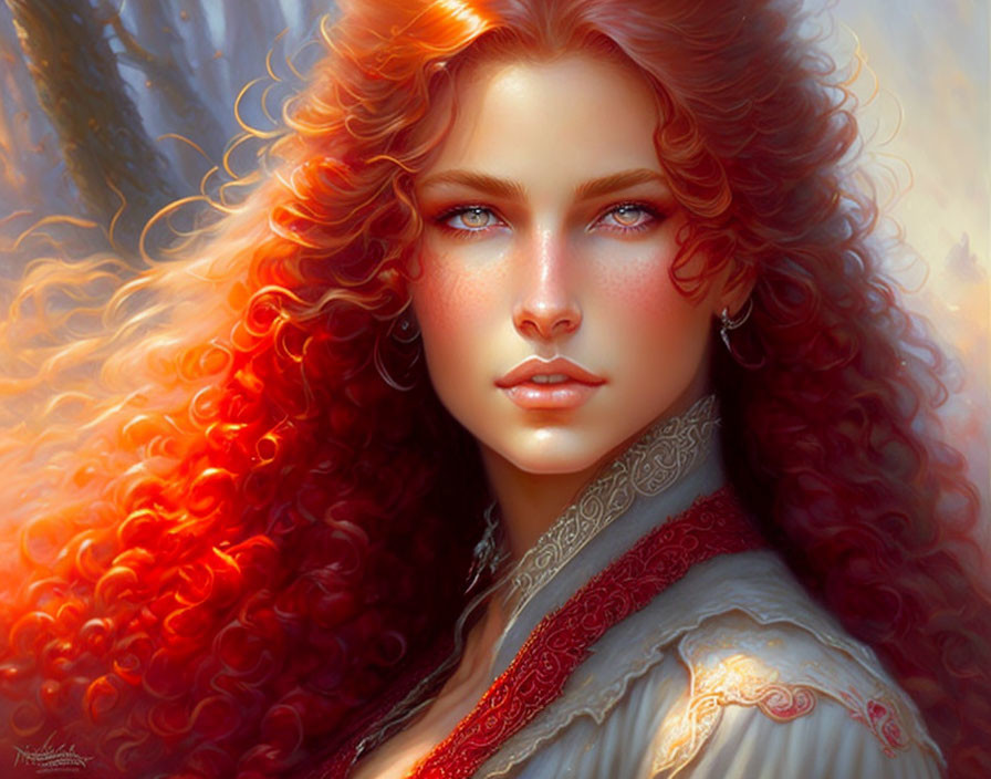 Digital Art: Woman with Red Curly Hair and Blue Eyes in White Garment