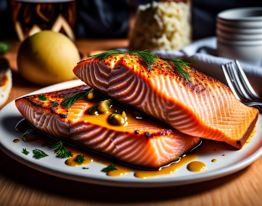 Freshly Grilled Salmon Fillets with Herbs, Lemon, Sauce, Rice, and Rustic