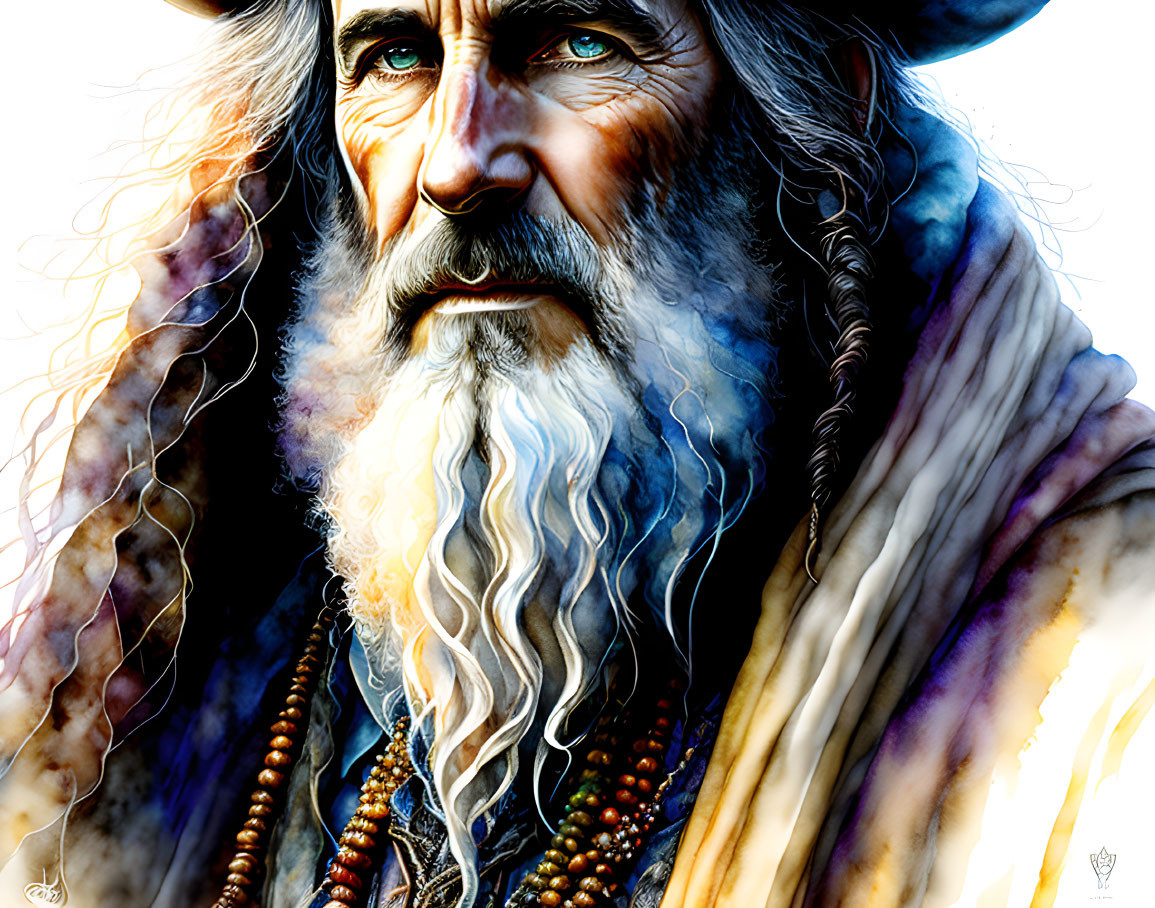 Illustration of wise elderly man with long grey beard and intense eyes in robes and beads