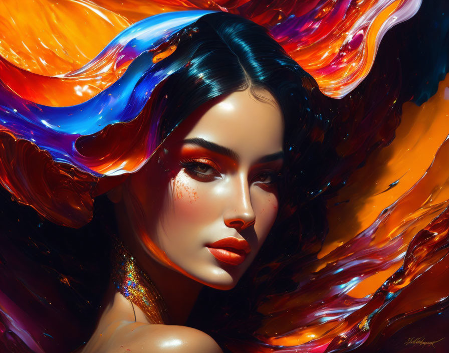 Vibrant surreal portrait of a woman with flowing blue, orange, and purple hair