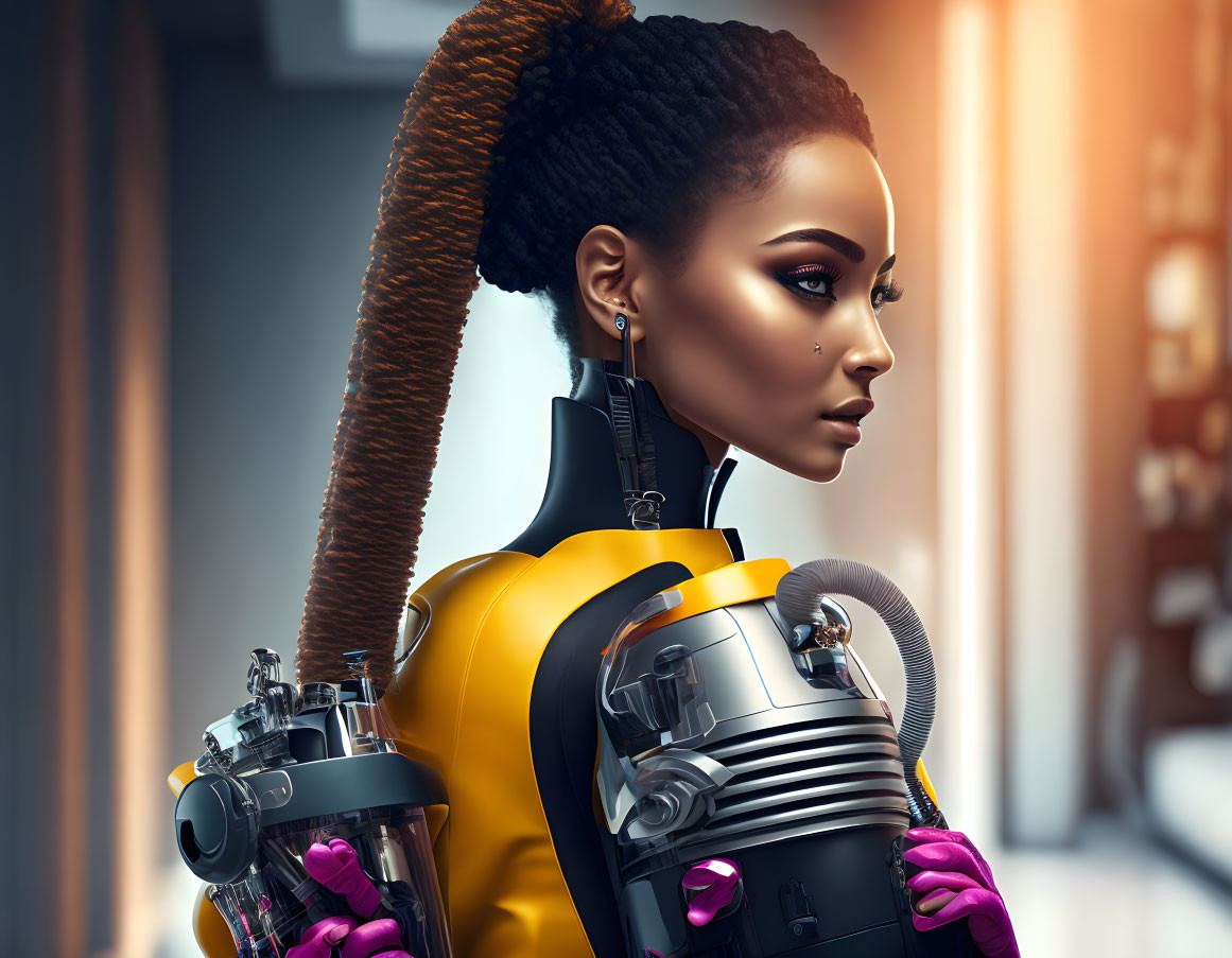 Detailed futuristic female android in yellow suit with cybernetic components.