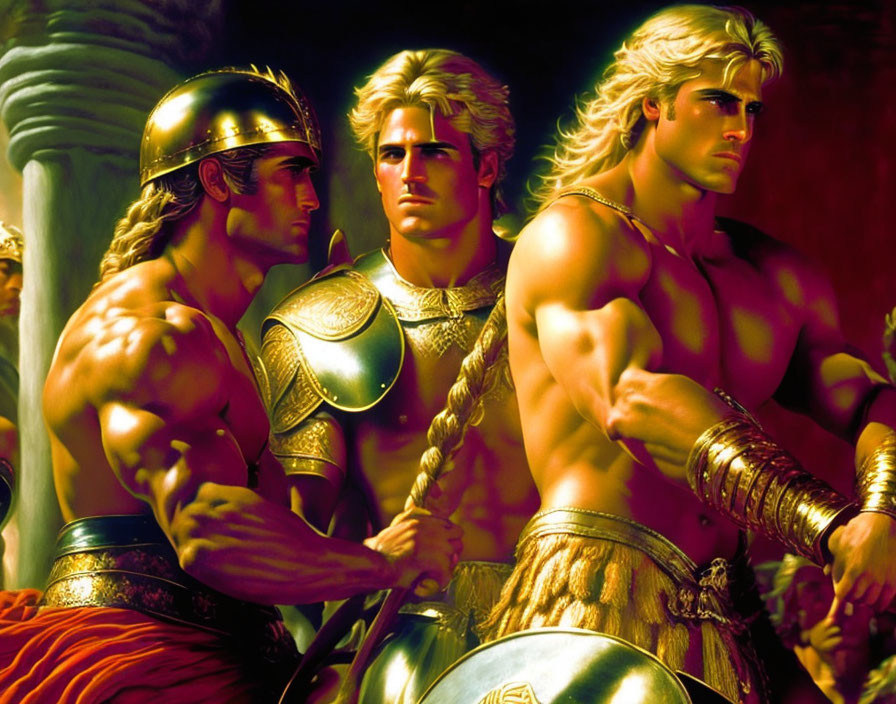 Three animated warriors in classical armor, two with helmets and one with a long braid, standing in