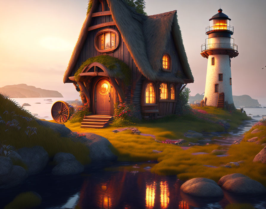 Thatched Cottage by Lighthouse in Coastal Sunset