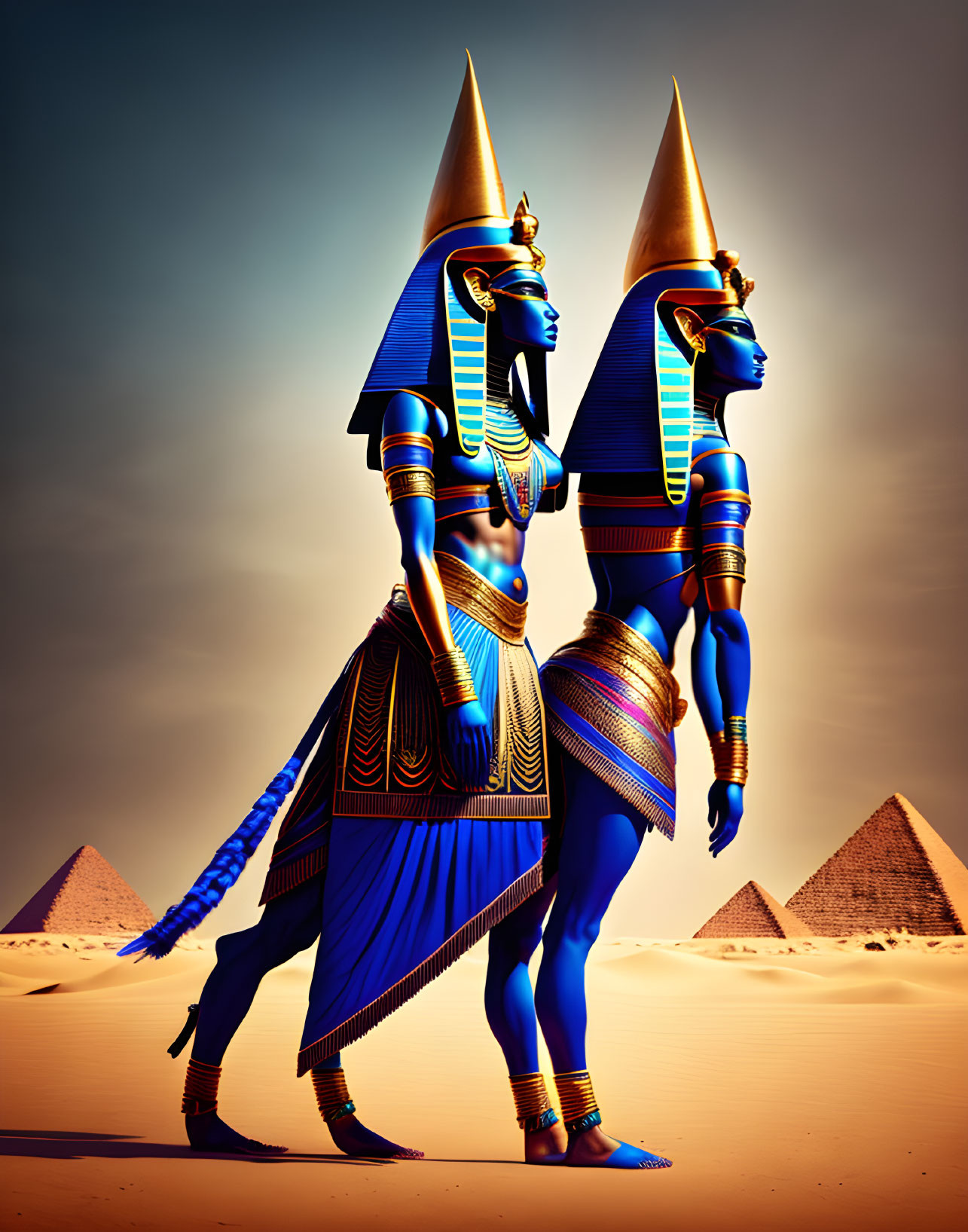 Ancient Egyptian figures in traditional attire against desert backdrop