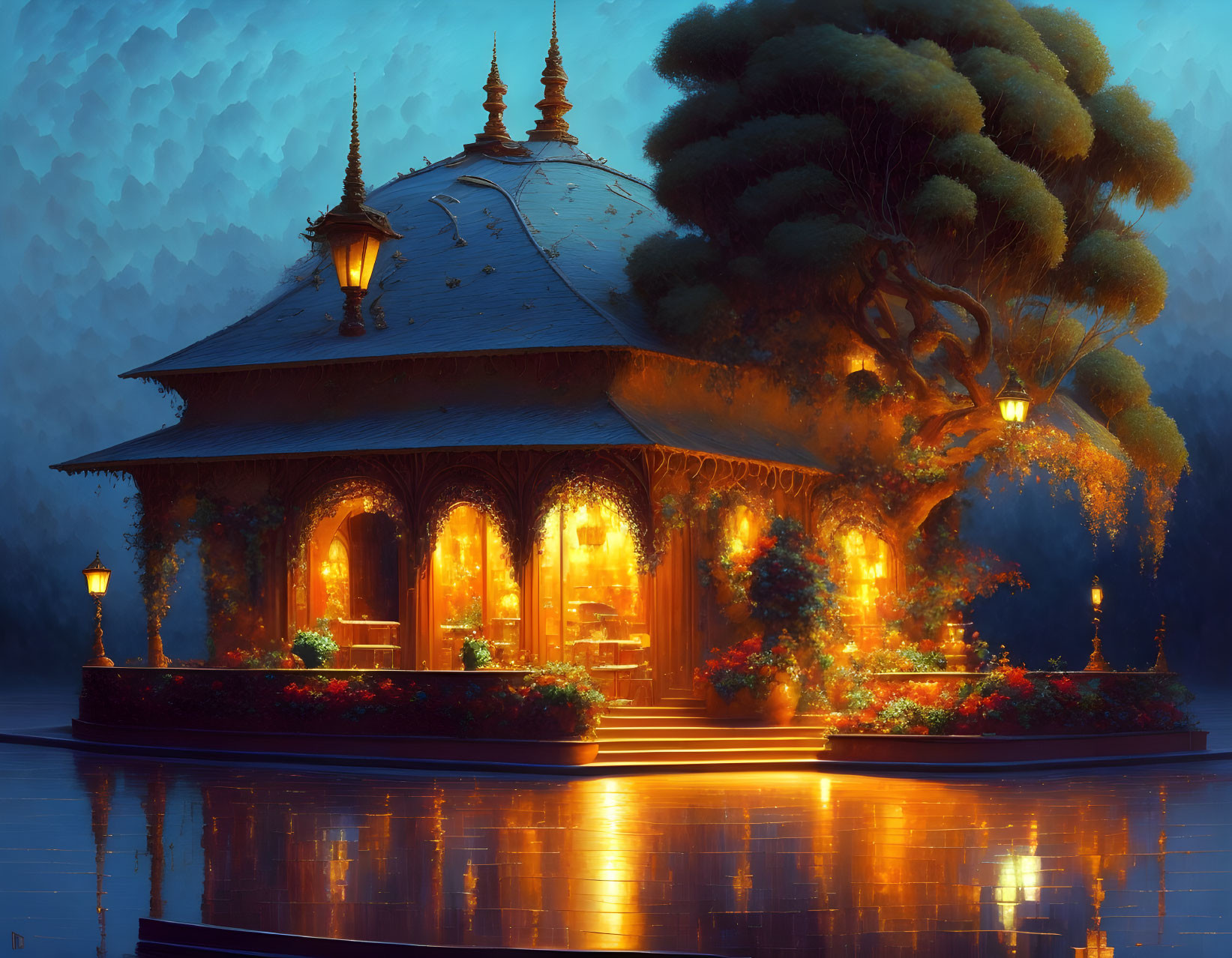 Ornate Pavilion with Columns at Twilight Reflection