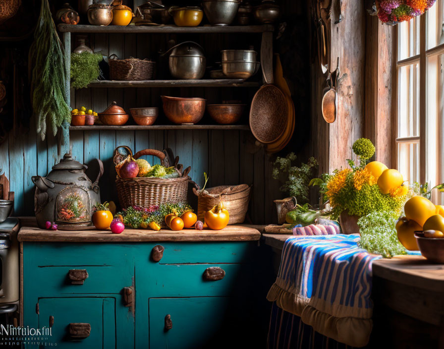 Vintage blue cabinet in cozy rustic kitchen with fresh produce and wooden utensils