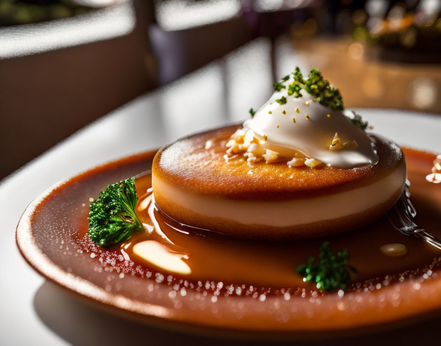 Caramel dessert with cream, nuts, and herbs on brown plate