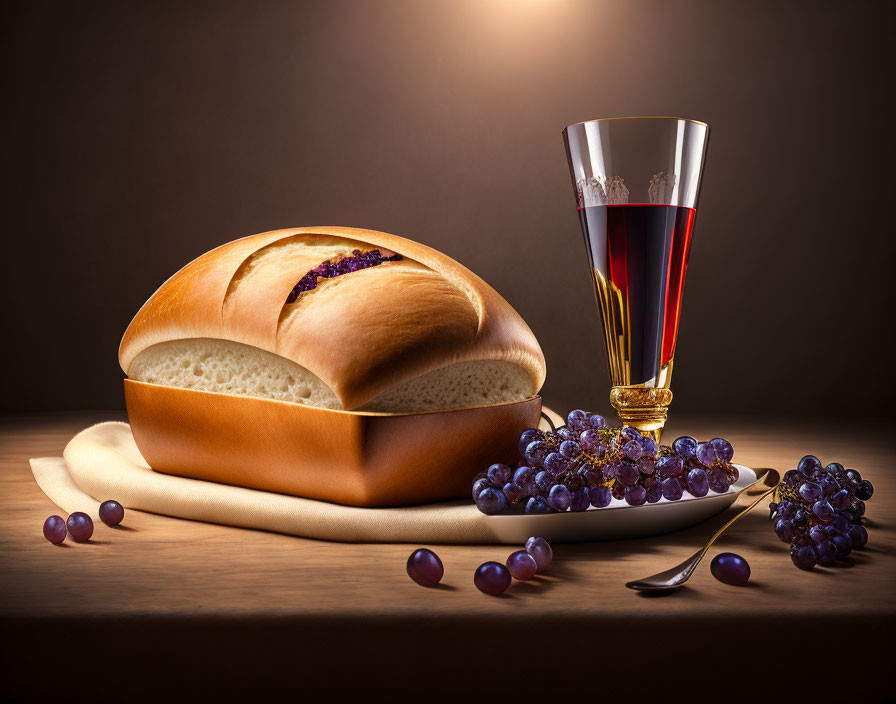 Sliced bread, grapes, and drink on wooden table