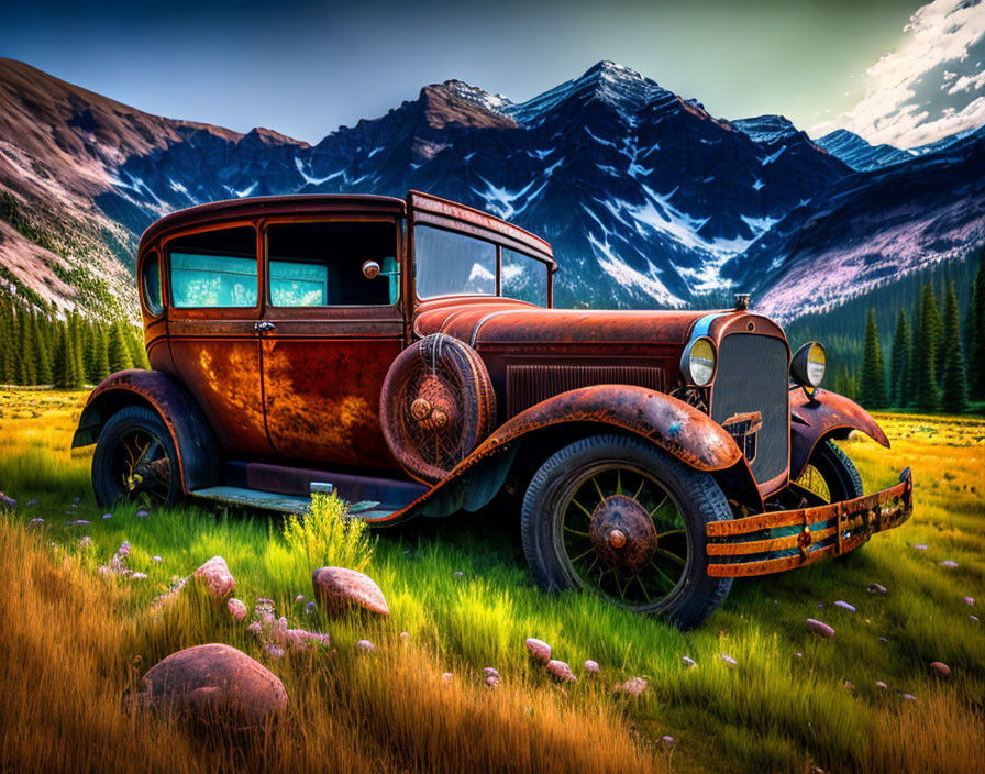 Abandoned vintage car in lush mountain meadow under cloudy sky