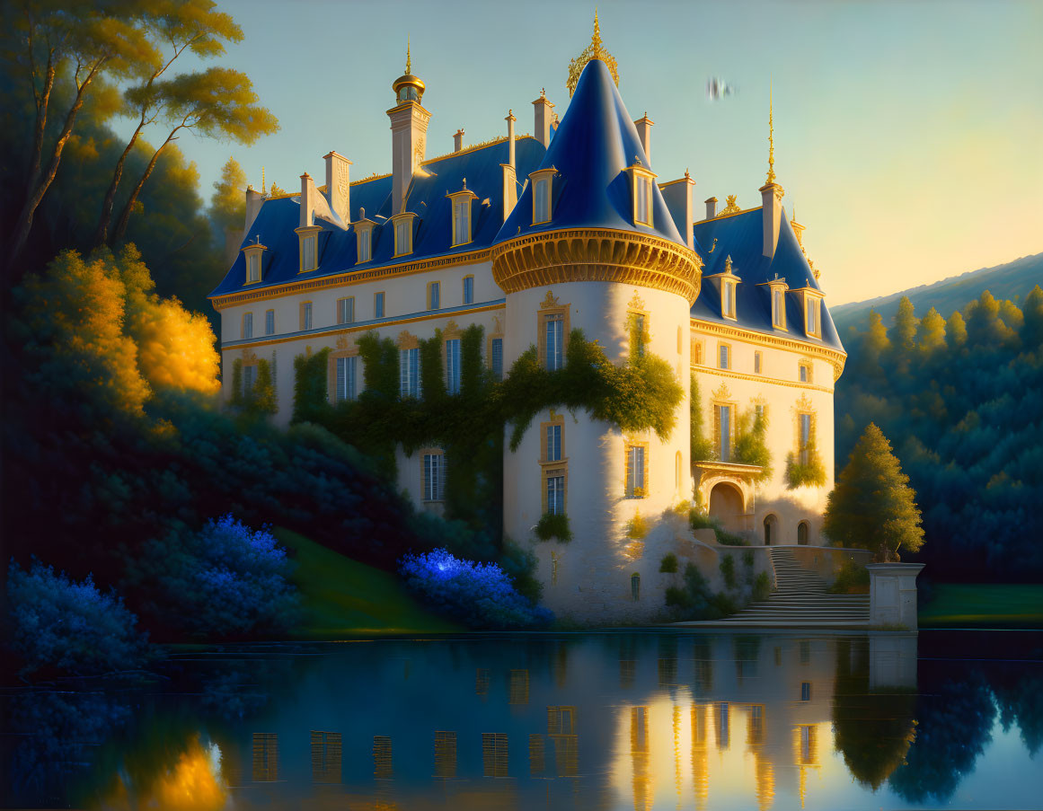 Chateau with spires and lush surroundings at sunset