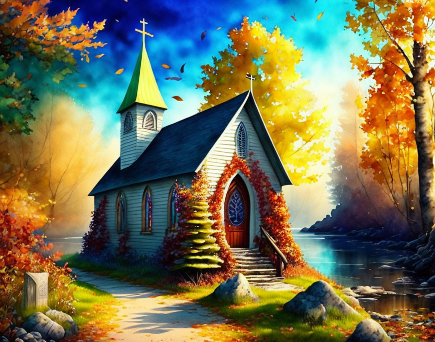 Quaint chapel with spire near lake in autumn scenery