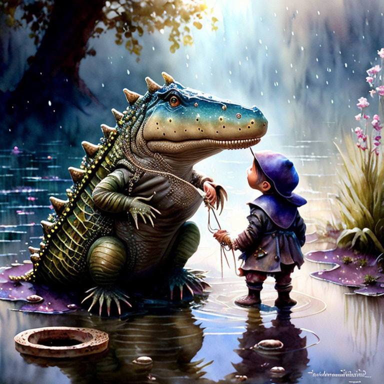 Child in raincoat with umbrella meets friendly alligator in whimsical swamp.