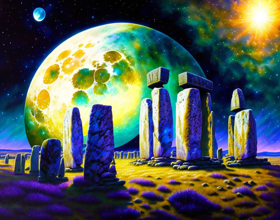 Fantastical image of Stonehenge-like standing stones under green moon and stars