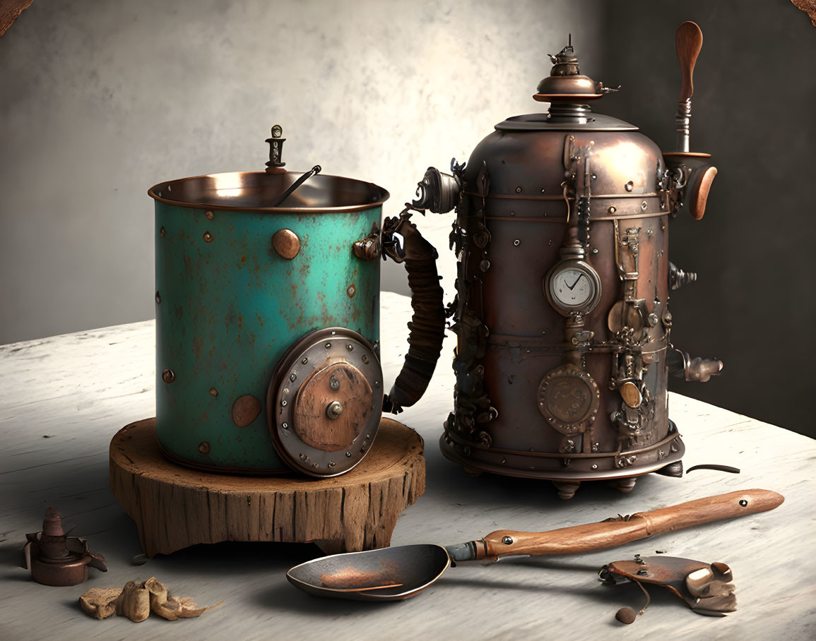 Steampunk-style kitchen scene with copper pot, whimsical kettle, wooden spatula, garlic,