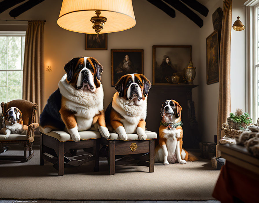 Three Saint Bernard Dogs in Cozy Room with Home Decor & Paintings